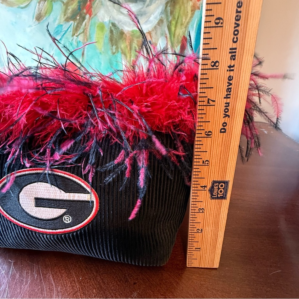 Georgia Bulldogs Purse Handbag Tote Corduroy w Feathers & Beaded Handle - Picture 8 of 9